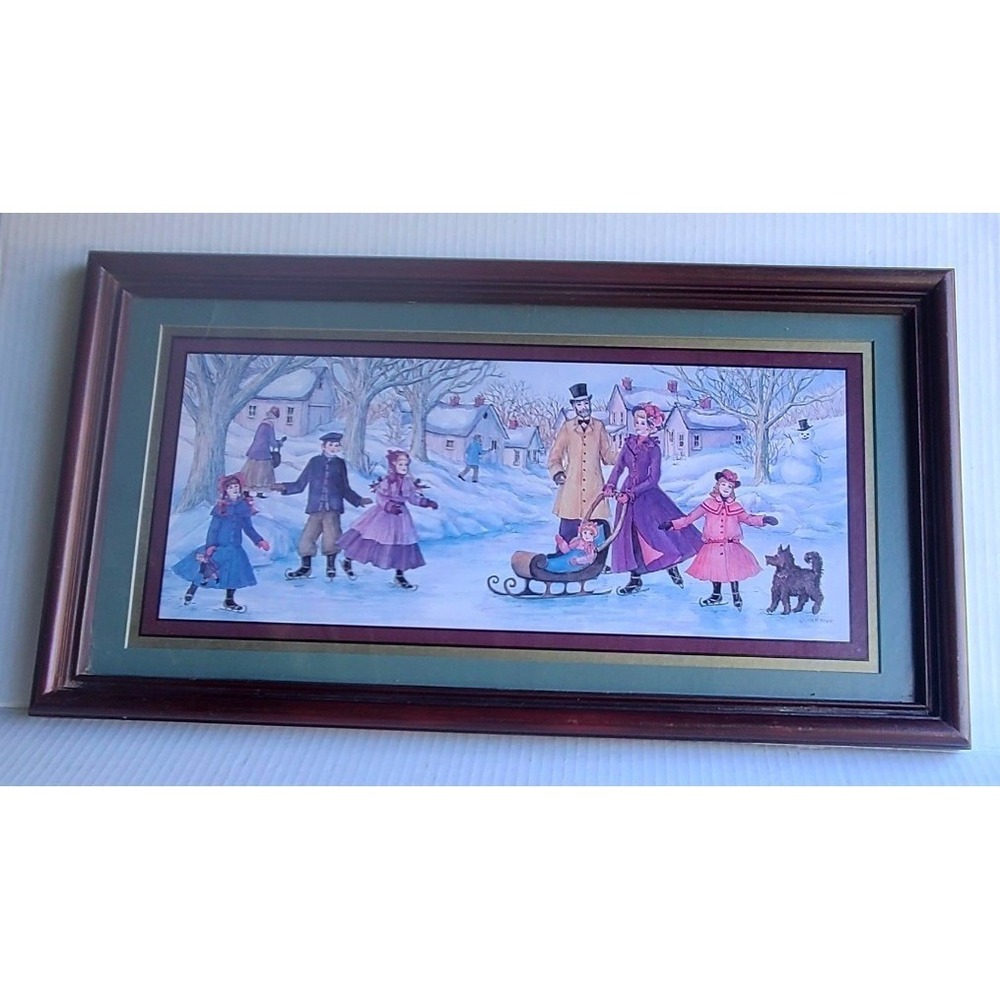 Joan Stier Victorian Winter Ice Skating Village Wood Framed Matted Art Print 22"